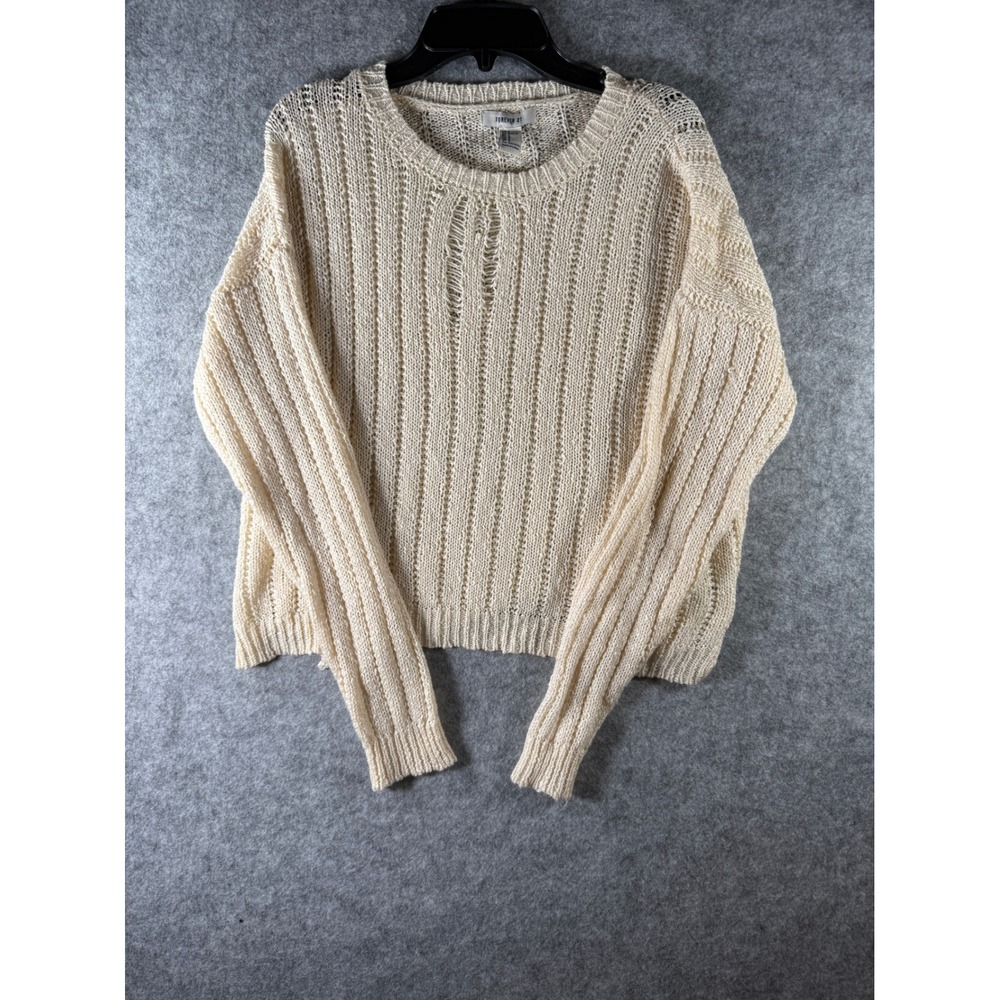 Forever 21 Womens Cream Open Knit Distressed Ribbed Sweater Small Ivory Pullover